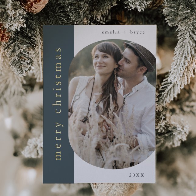 EMELIA Blue Gold Foil Oval Photo Merry Christmas Holiday Card (EMELIA Blue Gold Foil Oval Photo Merry Christmas Foil Holiday Card)