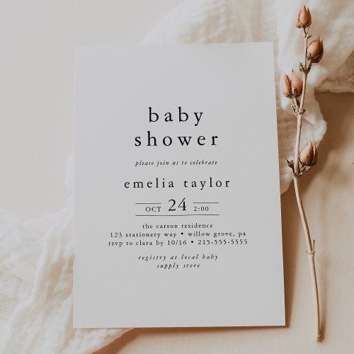 EMELIA Boho Modern Black White Simple Baby Shower Invitation