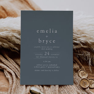 EMELIA Dark Blue Silver Foil Simple Boho Wedding Invitation
