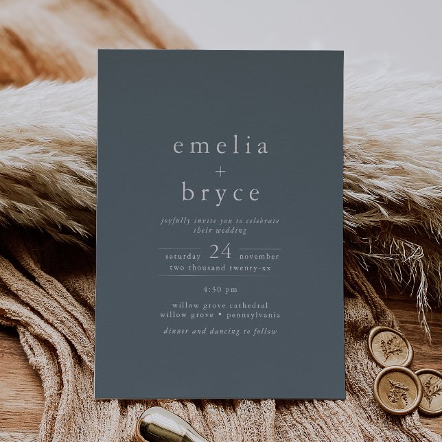 EMELIA Dark Blue Silver Foil Simple Boho Wedding Invitation (EMELIA Dark Blue Silver Foil Simple Boho Wedding Foil Invitation)