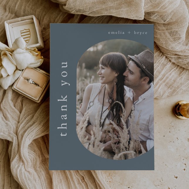 EMELIA Flat Rustic Minimal Blue Navy Photo Wedding Thank You Card (EMELIA Flat Rustic Minimal Blue Navy Photo Wedding Thank You Card)