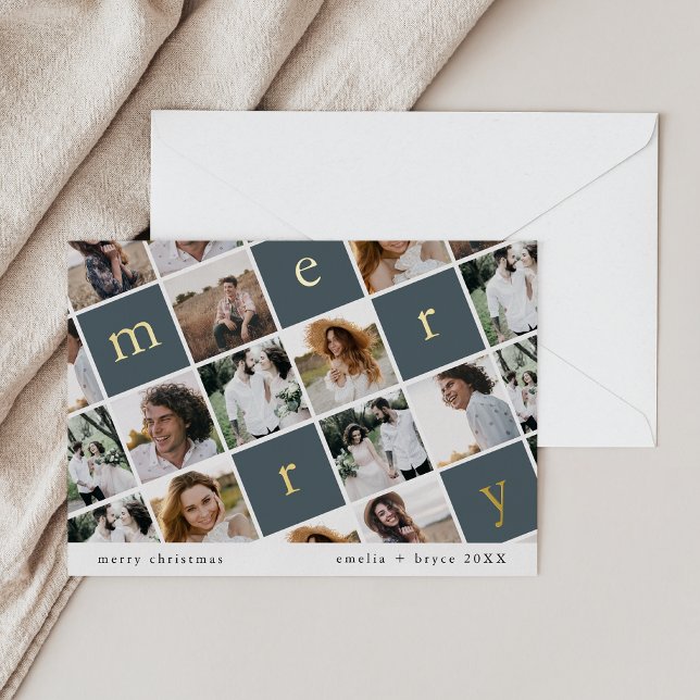 EMELIA Gold Foil Blue Multi Photo Christmas Foil Holiday Card (EMELIA Gold Foil Blue Multi Photo Christmas Foil Holiday Card)