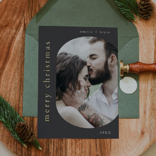 EMELIA Gray Gold Foil Photo Merry Christmas Holiday Card