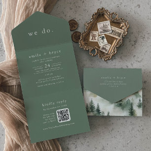 EMELIA QR Code Sage Green Forest Woodland Wedding All In One Invitation