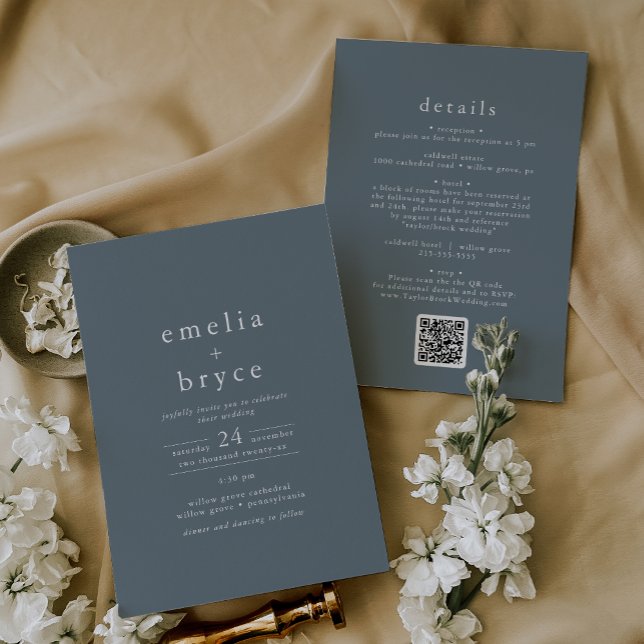 EMELIA QR Code Simple Boho Navy Dark Blue Wedding Invitation (EMELIA QR Code Simple Boho Navy Dark Blue Wedding Invitation)