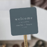 EMELIA Rustic Minimal Navy Wedding Welcome Bag Square Sticker<br><div class="desc">This rustic minimal navy wedding welcome bag sticker from the Emelia Collection is perfect for a modern wedding. The minimalist design features simple yet stylish typography on slate blue-gray with an air of modern sophistication. Personalize these stickers with the location of your wedding, your names, and wedding date. These labels...</div>