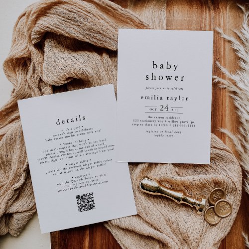 EMELIA Rustic Minimalist QR Simple Baby Shower Invitation