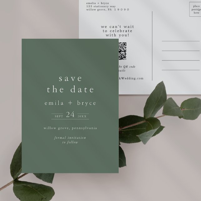EMELIA Rustic Sage Green Wedding Save the Date Invitation Postcard (EMELIA Rustic Sage Green Wedding Save the Date Invitation Postcard)