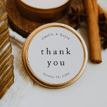 EMELIA Rustic Simple Modern Boho Wedding Thank You Classic Round Sticker<br><div class="desc">This rustic simple modern boho wedding thank you sticker from the Emelia Collection is perfect for a minimalistic wedding.

The black and white design features modern boho unadorned typography with a unique minimalist style.

Personalize your favor stickers with the names of the couple and wedding date.</div>