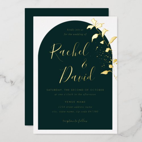 Emeral Green Gold Floral Arch Wedding  Foil Invitation