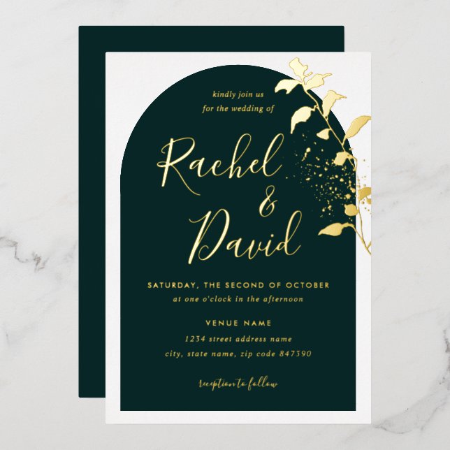Emeral Green Gold Floral Arch Wedding  Foil Invitation (Front/Back)