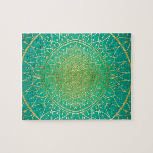 Emeral Green Gold Mandala Jigsaw Puzzle