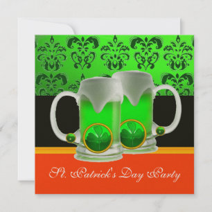 EMERAL GREEN WHITE DAMASK ,SHAMROCK ,Black Orange Invitation