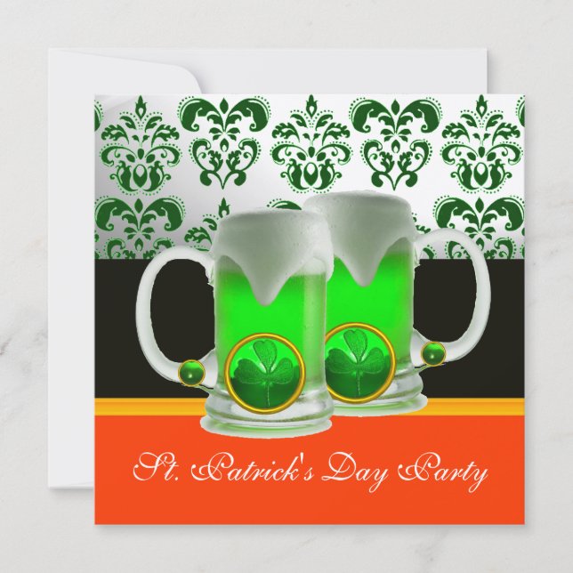 EMERAL GREEN WHITE  DAMASK ,SHAMROCK ,Black Orange Invitation (Front)