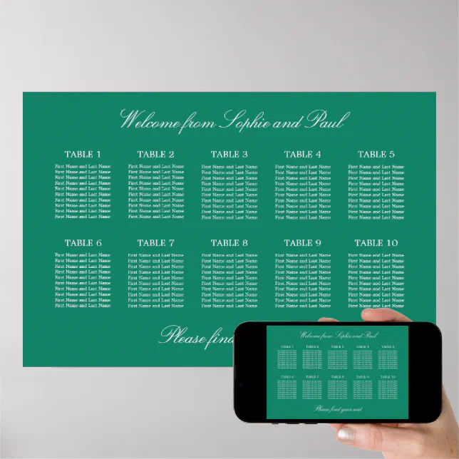 Emerald 10 Table Wedding Seating Chart Poster Zazzle
