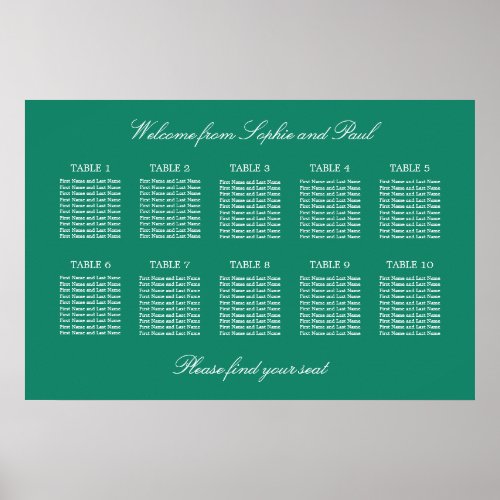 Emerald 10 Table Wedding Seating Chart Poster