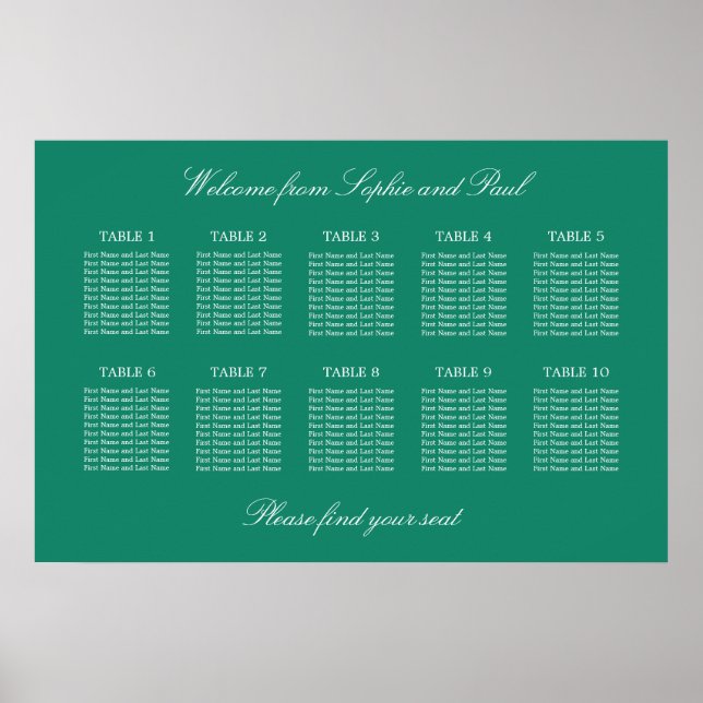 Emerald 10 Table Wedding Seating Chart Poster (Front)