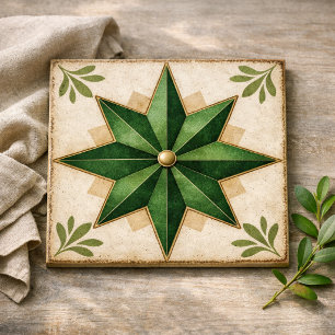 Emerald 8-point Star Faux Encaustic Ceramic Tile