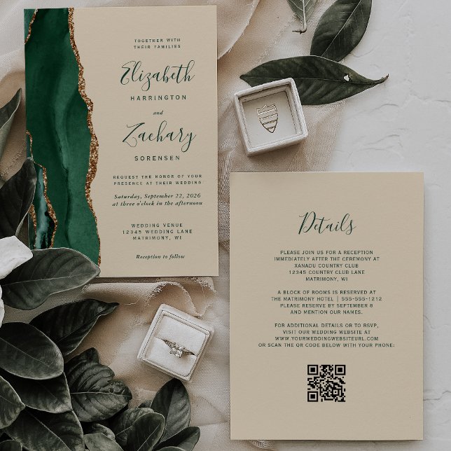 Emerald Agate Champagne QR Code Wedding Invitation (Creator Uploaded)