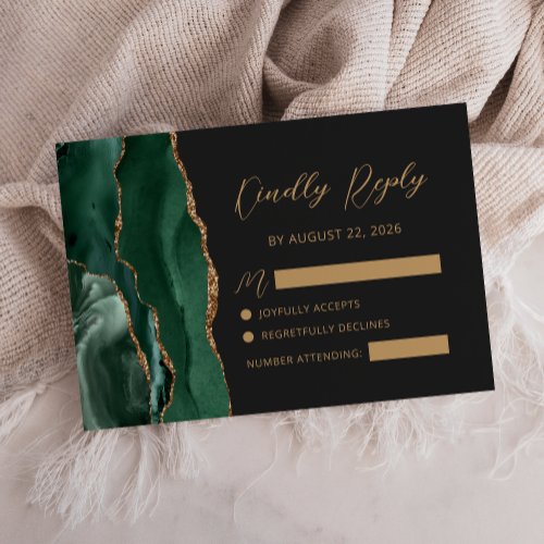 Emerald Agate Gold Calligraphy Script Wedding RSVP Card