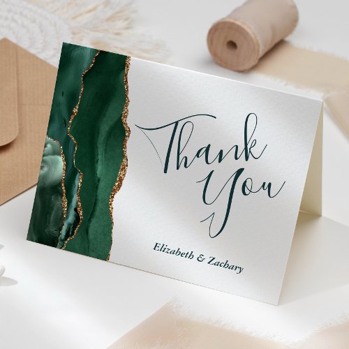 Emerald Agate Gold Green Script Wedding Thank You Card