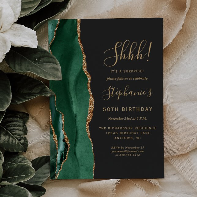 Emerald Agate Gold Surprise 50th Birthday Party Invitation (Creator Uploaded)