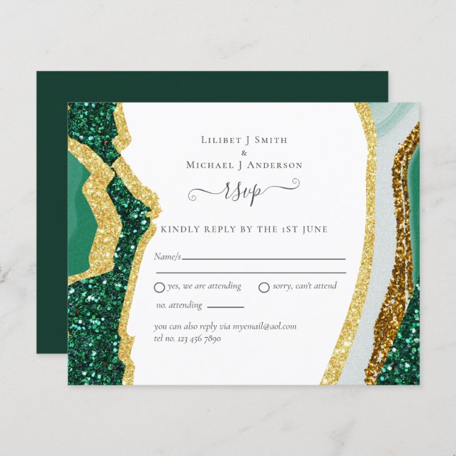 Emerald Agate Gold Wedding RSVP Budget (Front/Back)