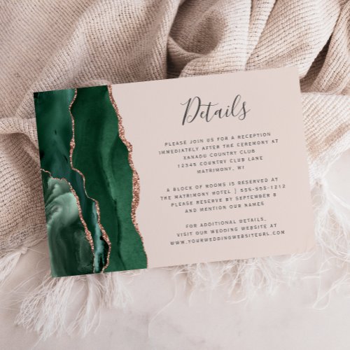 Emerald Agate Rose Gold Blush Wedding Details Enclosure Card