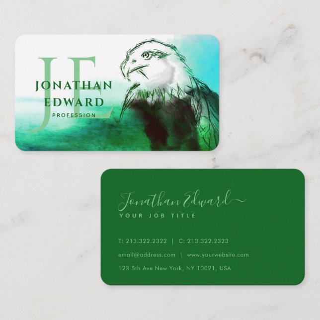 Emerald American Bald Eagle Abstract Monogram Business Card (Front/Back)