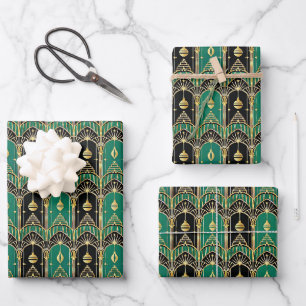 Emerald and Black Art Deco Holiday Pattern Wrapping Paper Sheets