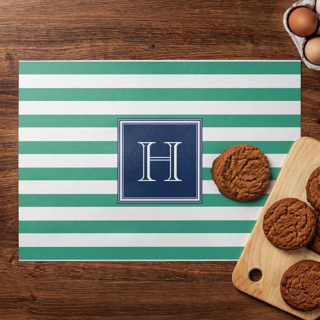 Emerald and Blue Stripes and Square Monogram Placemat (Creator Uploaded)