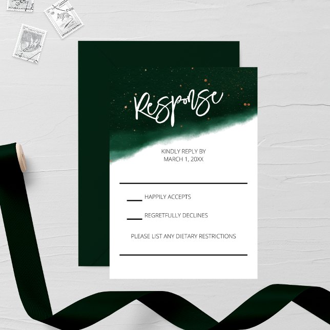 Emerald and Bronze Watercolor Wedding RSVP Card (Creator Uploaded)