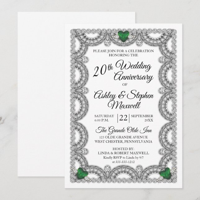 Emerald and Diamond 20th Wedding Anniversary Party Invitation (Front/Back)