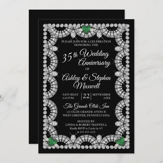 Emerald and Diamond 35th Wedding Anniversary Party Invitation (Front/Back)