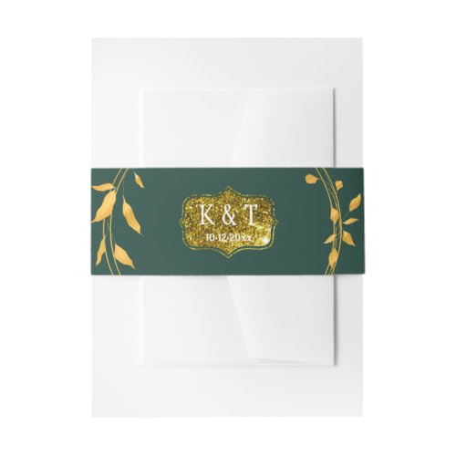 Emerald and Glitter Gold Wreath Invitation Belly Band