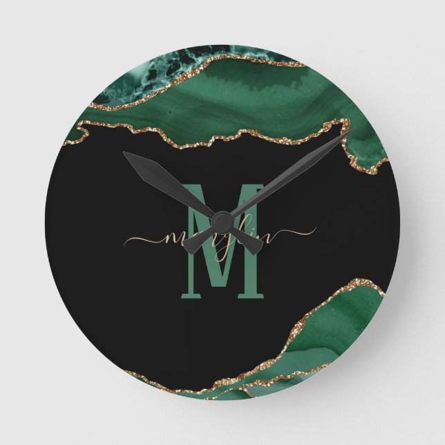 EMERALD AND GOLD AGATE MONOGRAM ROUND CLOCK (Front)
