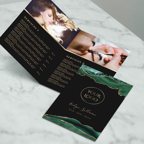 emerald and gold agate service menu brochure