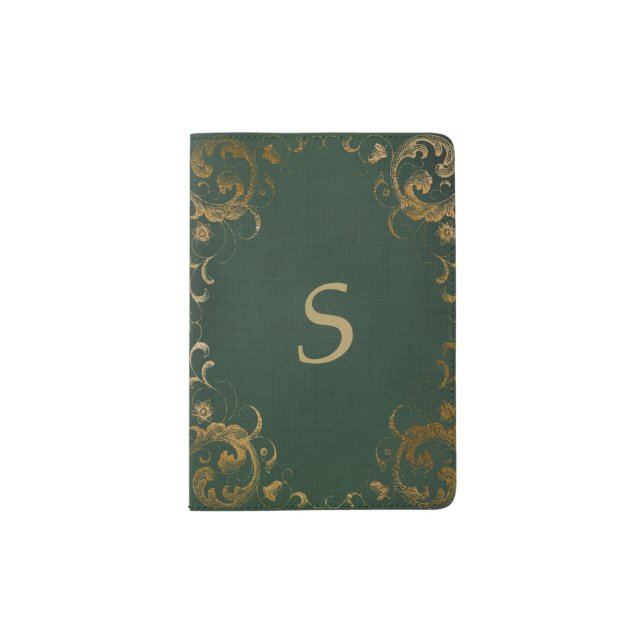 Emerald and Gold Antique Look Passport Holder (Front)