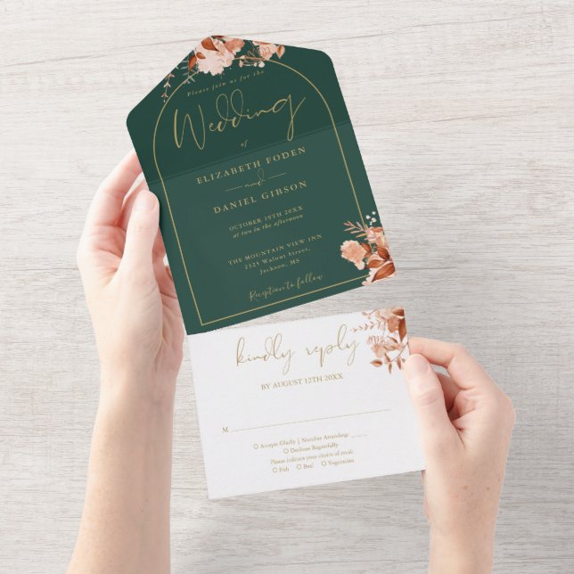 Emerald  And Gold Arch Rustic Floral Fall Wedding All In One Invitation (Tearaway)