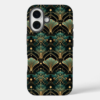 Emerald and Gold Art Deco-inspired Fan iPhone 16 Case