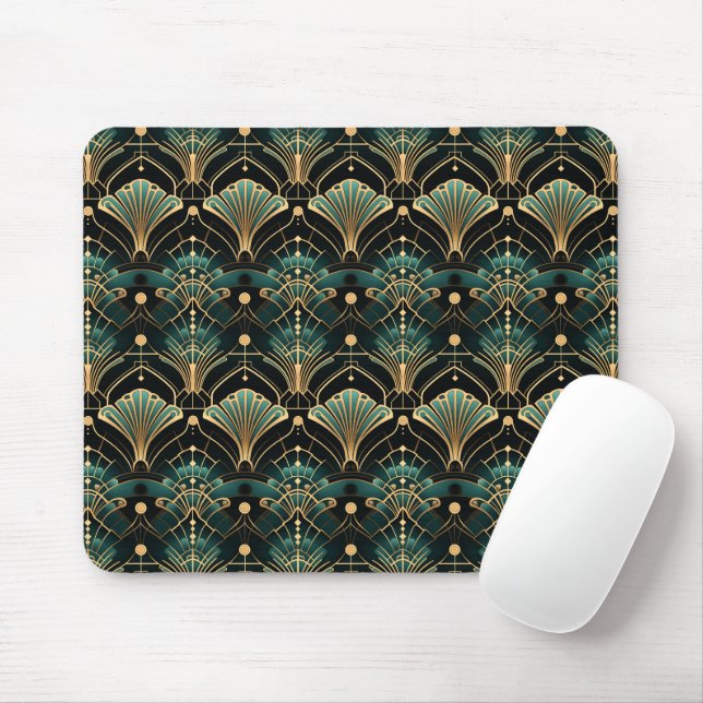 Emerald and Gold Art Deco-inspired Fan Mouse Pad (With Mouse)