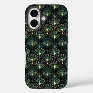Emerald and Gold Art Deco Patterned iPhone 16 Case