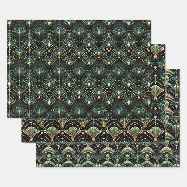 Emerald and Gold Art Deco Set of Wrapping Paper Sheets (Set)