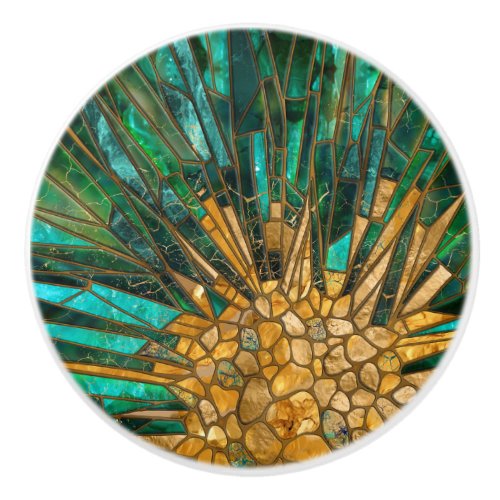 Emerald and gold cells mosaic abstract ceramic knob
