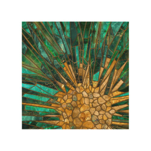 Emerald and gold cells mosaic abstract wood wall art