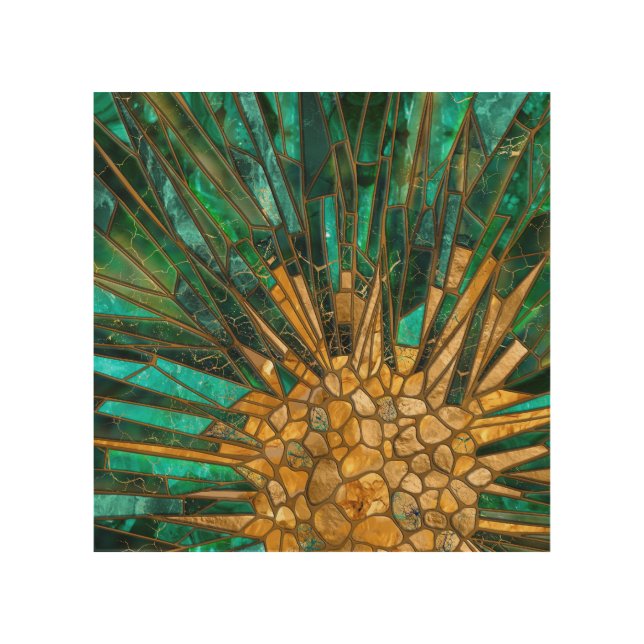 Emerald and gold cells mosaic abstract wood wall art (Front)