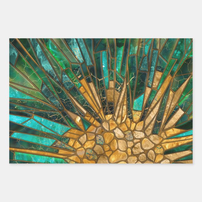 Emerald and gold cells mosaic abstract wrapping paper sheets (Front)