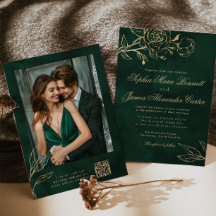 Emerald and Gold Elegant Botanical Photo Wedding Invitation