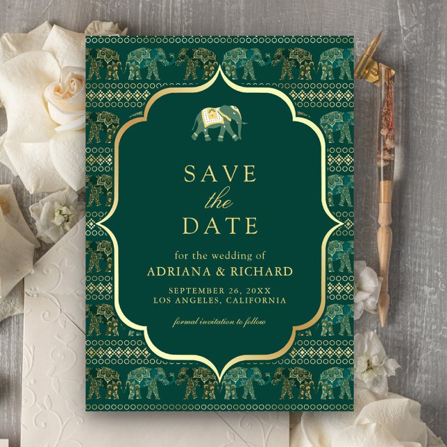 Emerald and Gold Elephant Indian Wedding Photo Save The Date (Creator Uploaded)