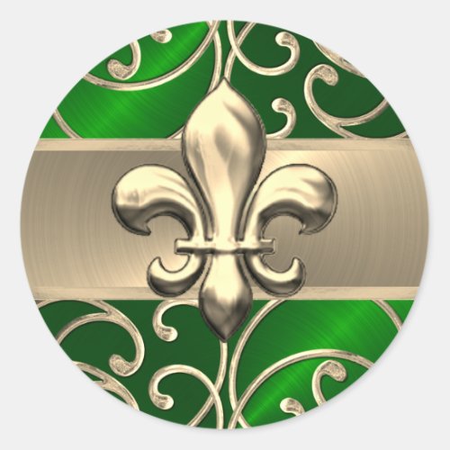 Emerald and Gold Filigree Swirls Fleur de Lis Classic Round Sticker